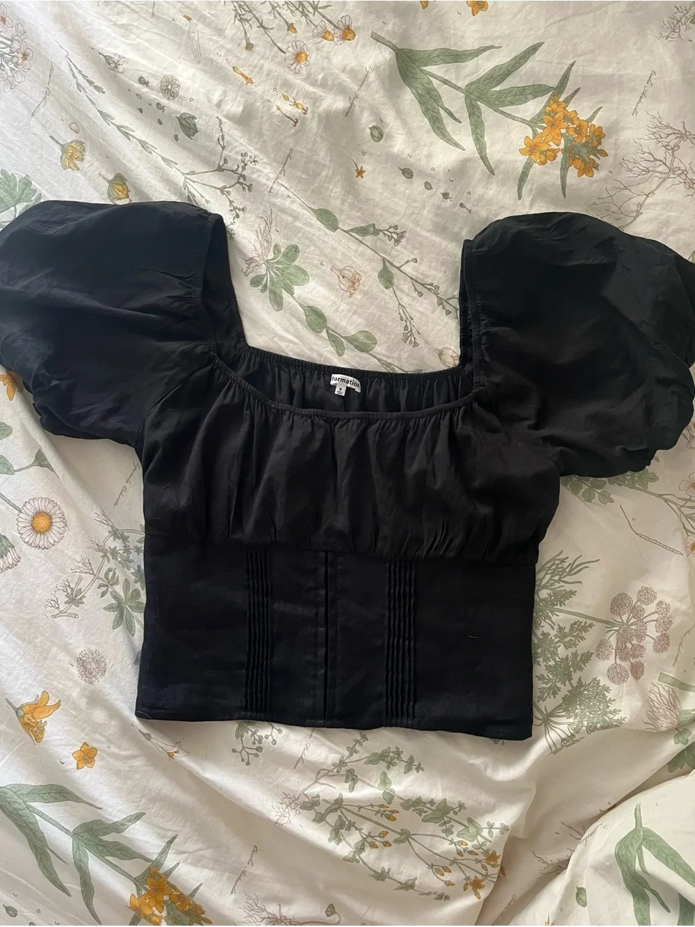 Reformation Black Alayna Puff Sleeve Square Neck Top